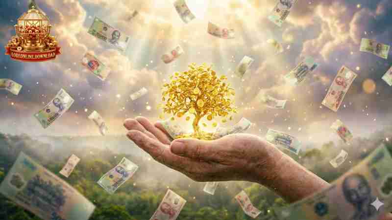 Hình ảnh cơn mưa tiền vàng rơi xuống tượng trưng cho tài lộc bất ngờ.