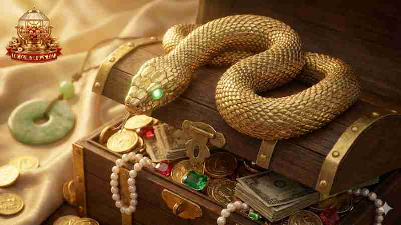 Hình ảnh con rắn vàng cuộn tròn bên cạnh hũ tiền vàng tượng trưng cho tài lộc.