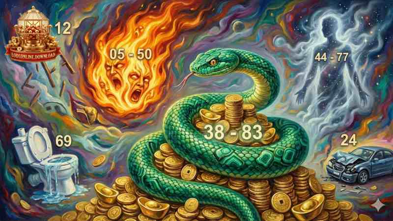 Minh họa các biểu tượng phổ biến trong giấc mơ: Rắn, Tiền, Lửa.